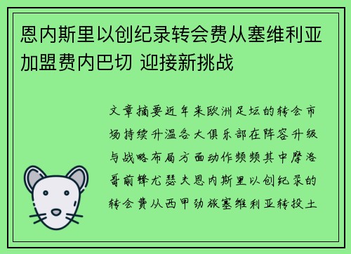 恩内斯里以创纪录转会费从塞维利亚加盟费内巴切 迎接新挑战